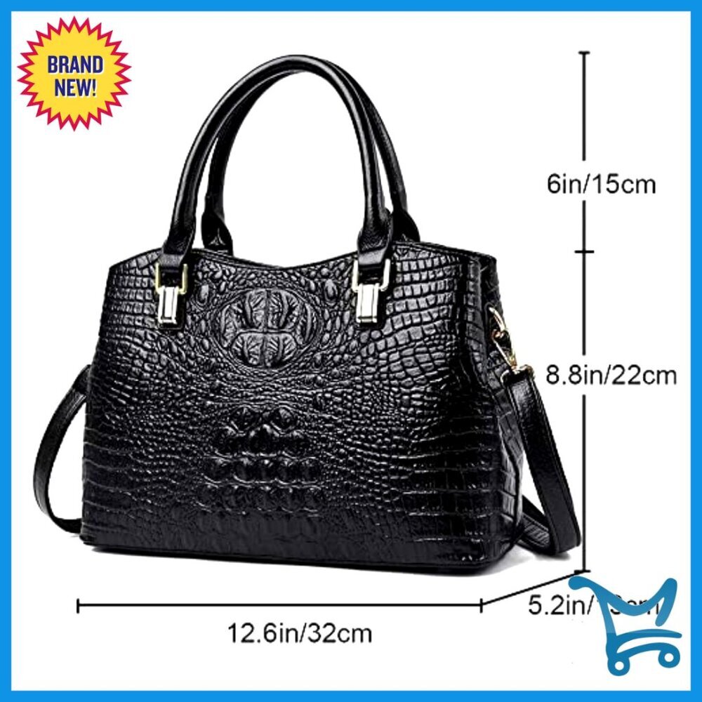 Large Vegan Leather Tote with Shoulder Strap, Crocodile Texture Satchel - Picture 4 of 6